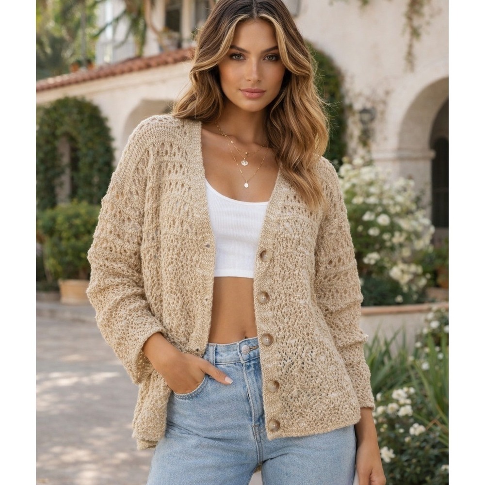 Nostalgia Crochet Cardigan Womens S Beige Boho Coastal Cottagecore Festival
